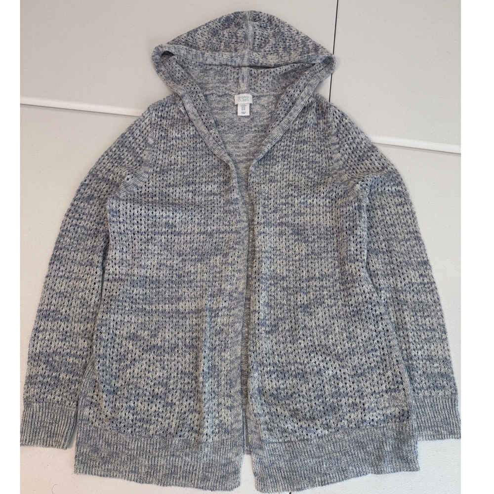 Sigrid Olsen Blue White Linen Blend Pointelle Knit Hooded Open‎ Cardigan XL ff
